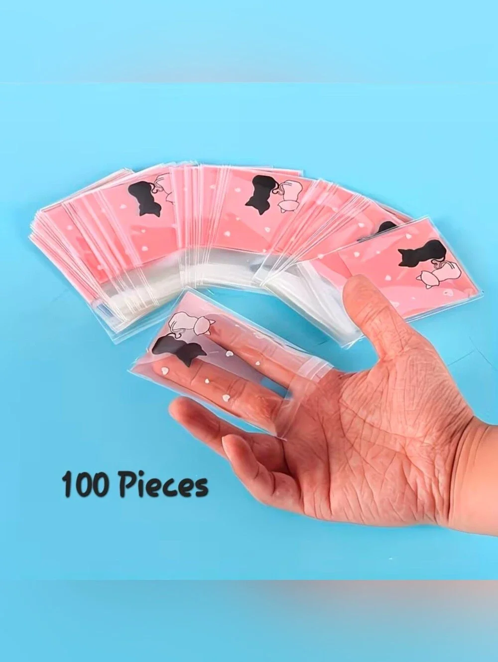 100-Pack Pink Decorative Clear Treat Bags with Cute Kitty Silhouette, NEW